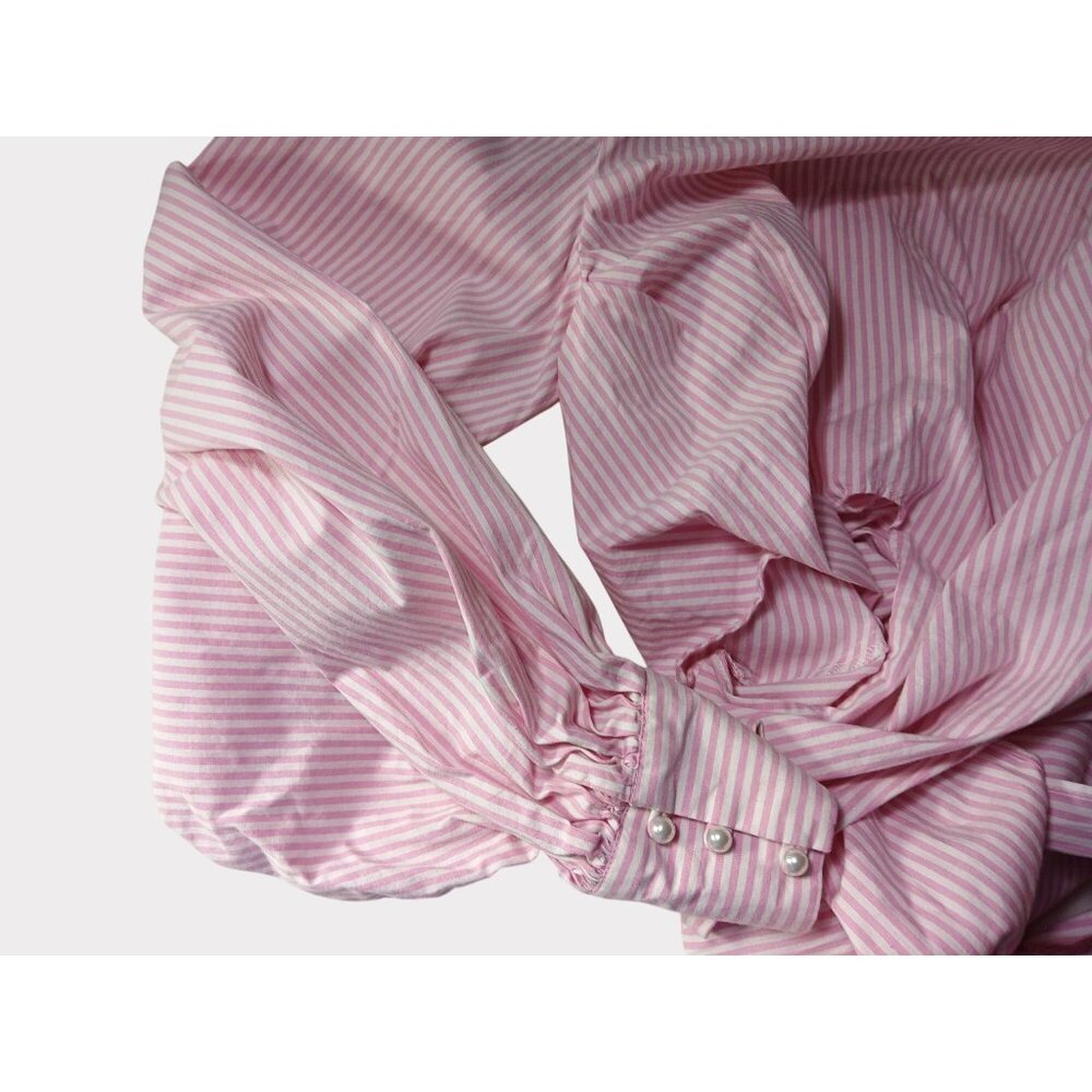 WAYF Dayna Tie Back Poplin Top Blouse Size S Striped Pink Wrap Long Sleeve Puff - Picture 7 of 11